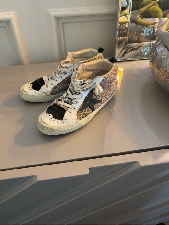 Golden Goose Shoes - Golden Goose women’s midstar Leopard Sneakers in White, Blackpink glitter stripe